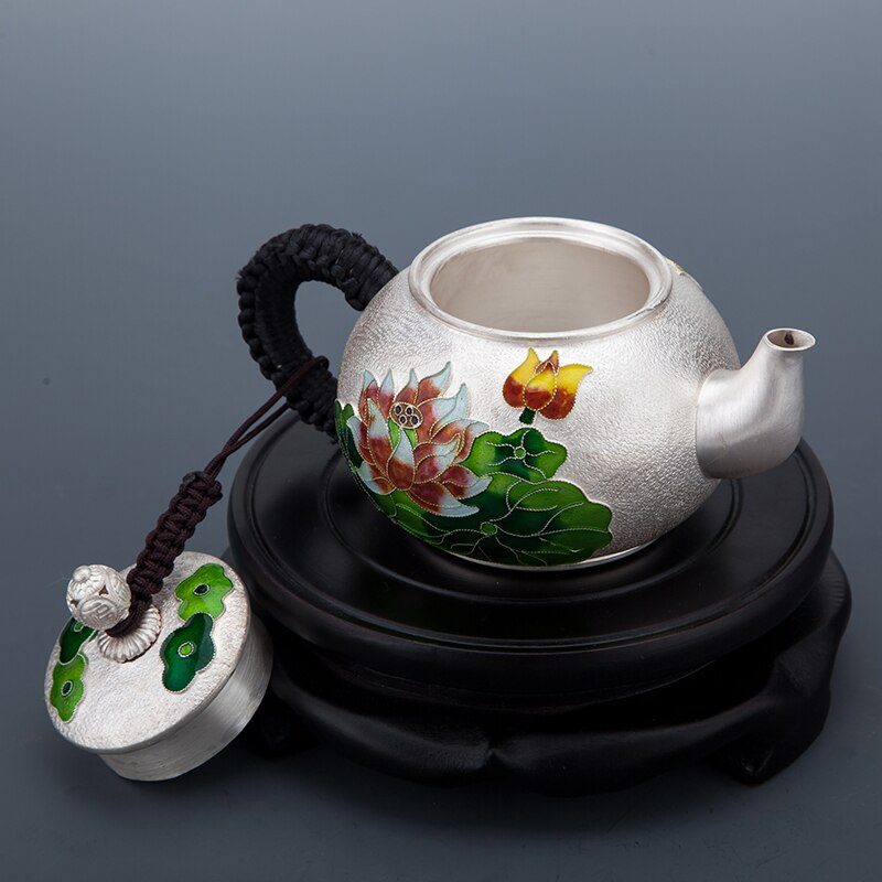 Cloisonné Floral Design Silver Teapot