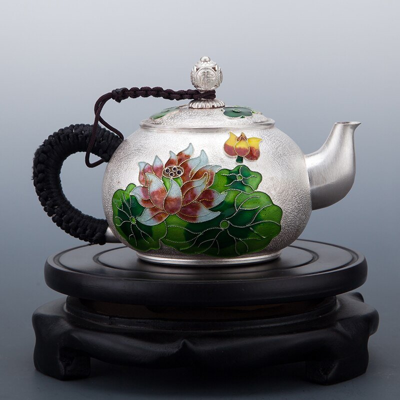 Cloisonne Floral Design Silver Teapot