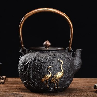 Turtle and Flamingo Design Cast Iron Japanese Tetsubin Teapot