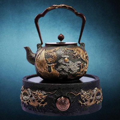 Golden Dragon Japanese Tetsubin Cast-Iron Teapot With Optional Stove
