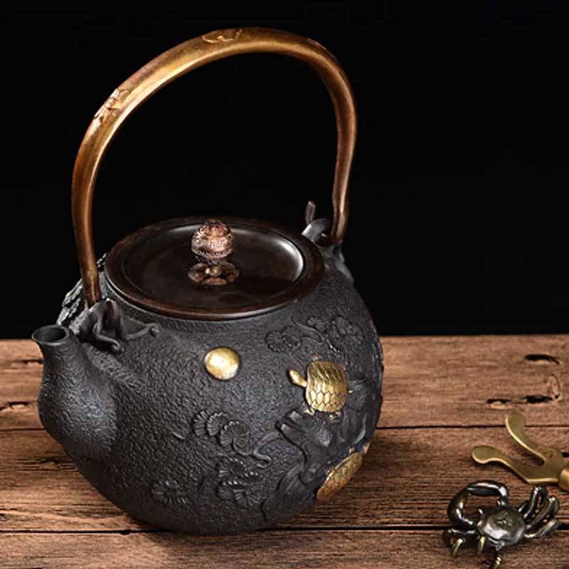 Turtle and Flamingo Design Cast Iron Japanese Tetsubin Teapot