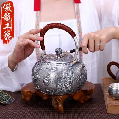 Double Dragon Embossed Silver Teapot